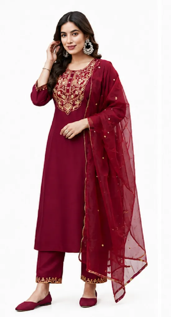 Maroon Ethnic Suit Set in Roman Silk with Embroidered Neckline - Image 4