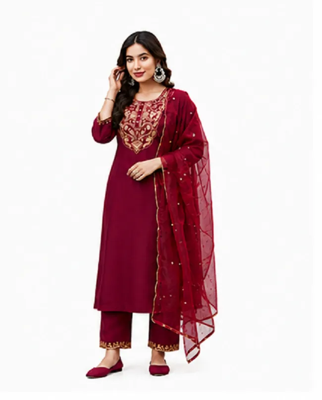 Maroon Ethnic Suit Set in Roman Silk with Embroidered Neckline - Image 5