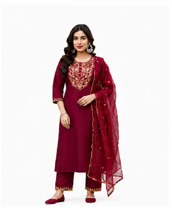 Maroon Ethnic Suit Set in Roman Silk with Embroidered Neckline - Image 6