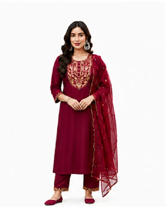 Maroon Ethnic Suit Set in Roman Silk with Embroidered Neckline - Image 8
