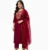 Beautiful woman wearing a maroon Roman silk embroidered kurta set with matching pants and sheer dupatta, ideal for festive occasions, weddings, office wear, and ethnic celebrations.