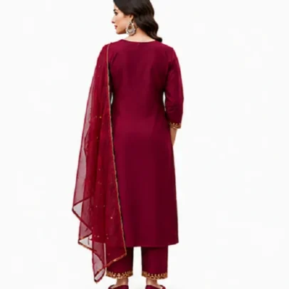 Elegant Maroon Roman Silk Kurta Set with Dupatta for Women,.