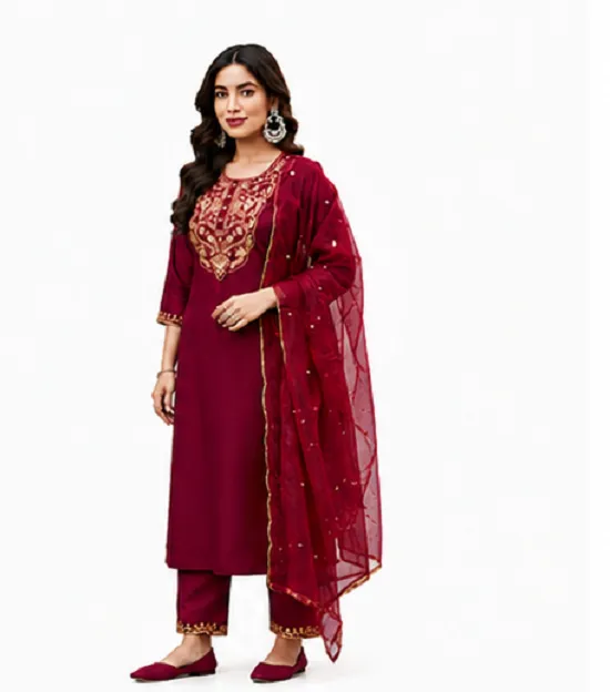 Maroon Ethnic Suit Set in Roman Silk with Embroidered Neckline - Image 3