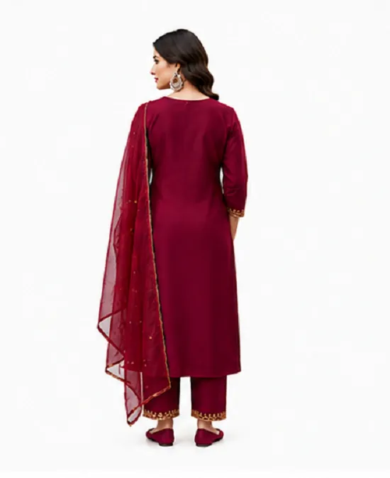 Maroon Ethnic Suit Set in Roman Silk with Embroidered Neckline - Image 7