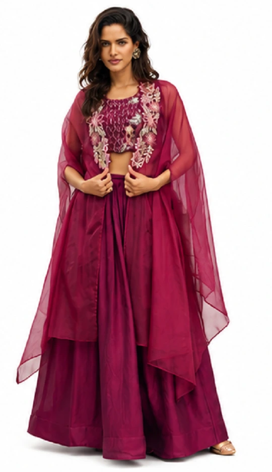 Maroon Indo-Western Lehenga Set with Cape in Rangoli Crush Fabric - Image 2