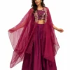 Women's Maroon Embroidered Crop Top Lehenga Set with Cape Style Dupatta