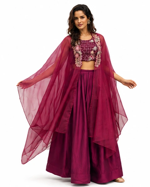 Maroon Indo-Western Lehenga Set with Cape in Rangoli Crush Fabric - Image 3
