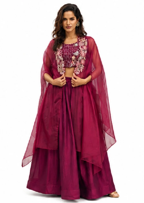 Maroon Indo-Western Lehenga Set with Cape in Rangoli Crush Fabric - Image 4