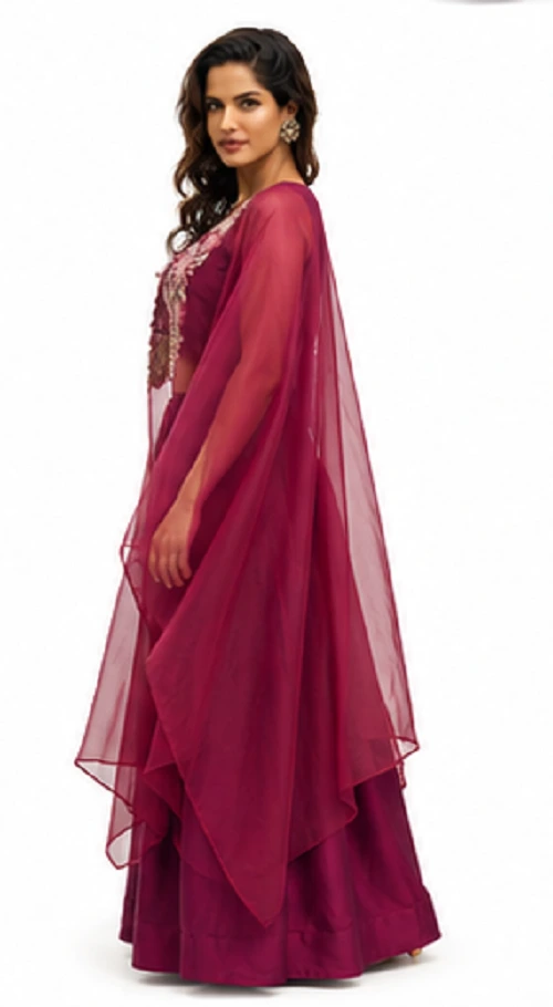 Maroon Indo-Western Lehenga Set with Cape in Rangoli Crush Fabric - Image 5
