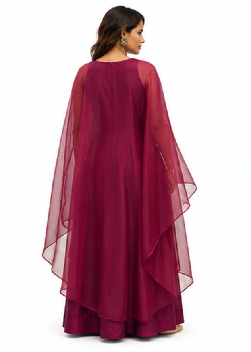 Maroon Indo-Western Lehenga Set with Cape in Rangoli Crush Fabric - Image 6