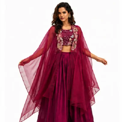 Maroon Indo Western Lehenga Set with Cape in Rangoli Crush Fabric,,.,