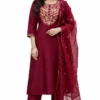 Maroon Roman Silk Ethnic Wear Kurta Set with Dupatta for Women