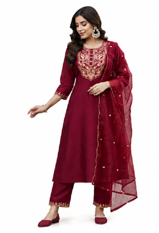 Maroon Ethnic Suit Set in Roman Silk with Embroidered Neckline - Image 3