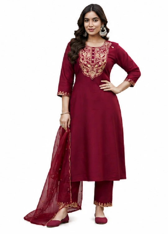 Maroon Ethnic Suit Set in Roman Silk with Embroidered Neckline - Image 4