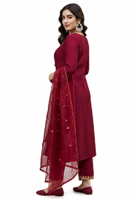 Maroon Ethnic Suit Set in Roman Silk with Embroidered Neckline - Image 5