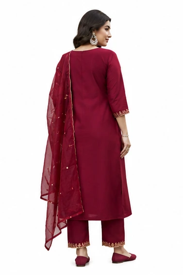 Maroon Ethnic Suit Set in Roman Silk with Embroidered Neckline - Image 6