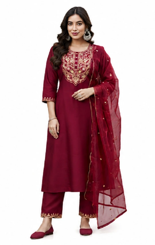 Maroon Roman Silk Ethnic Wear Kurta Set with Dupatta for Women