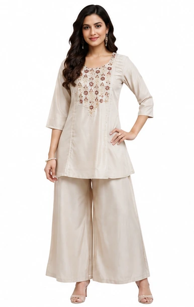 Cream Co-Ord Set in Hungry Silk Fabric for Women - Image 3