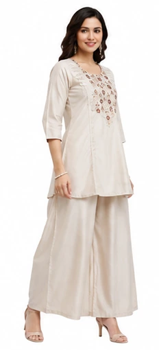 Cream Co-Ord Set in Hungry Silk Fabric for Women - Image 4