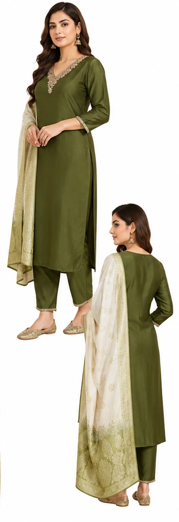 Green Ethnic Suit Set in Roman Silk with Dupatta - Image 3