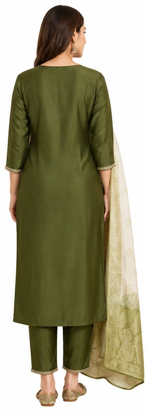 Green Ethnic Suit Set in Roman Silk with Dupatta - Image 4