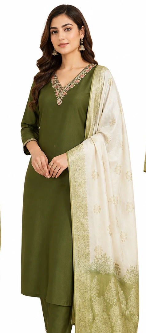 Green Ethnic Suit Set in Roman Silk with Dupatta - Image 5