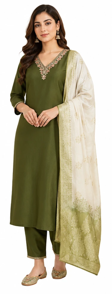Green Ethnic Suit Set in Roman Silk with Dupatta - Image 6