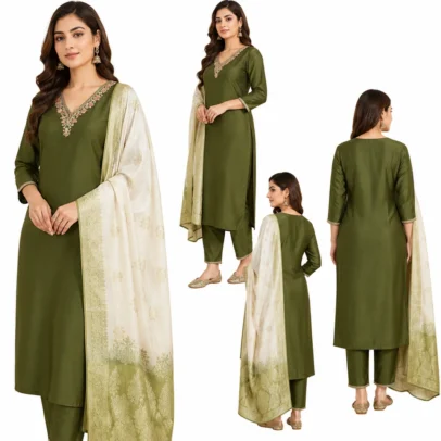 Green Ethnic Suit Set in Roman Silk with Dupatta for Women