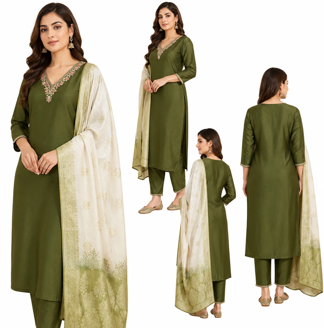 Green Ethnic Suit Set in Roman Silk with Dupatta for Women