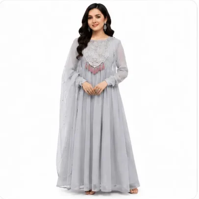 Women wearing elegant grey embroidered Anarkali dress with dupatta