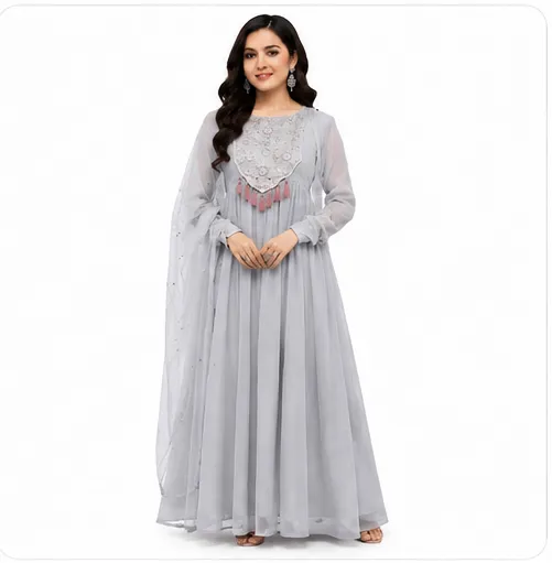 Women wearing elegant grey embroidered Anarkali dress with dupatta