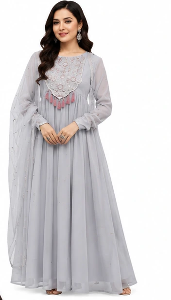 Grey Ethnic Suit Set in Crunchy Fabric with Embroidered Neckline for Women