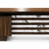 Modern executive office table with premium dark wood finish, spacious desktop, elegant marble-pattern front panel, and storage cabinet for office and workspace.