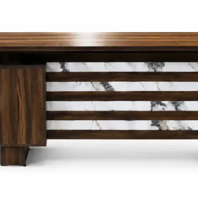 Modern executive office table with premium dark wood finish, spacious desktop, elegant marble-pattern front panel, and storage cabinet for office and workspace.