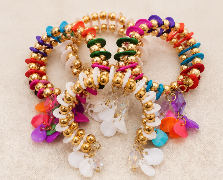 Multicolor beaded charm bracelets set of 4 with colorful beads and decorative hanging charms
