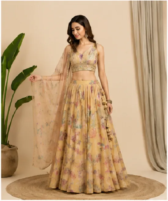 Yellow Floral Fusion Lehenga Set in Tebby Organza - Image 5
