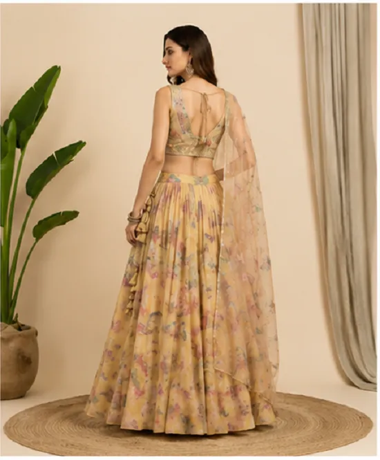 Yellow Floral Fusion Lehenga Set in Tebby Organza - Image 6