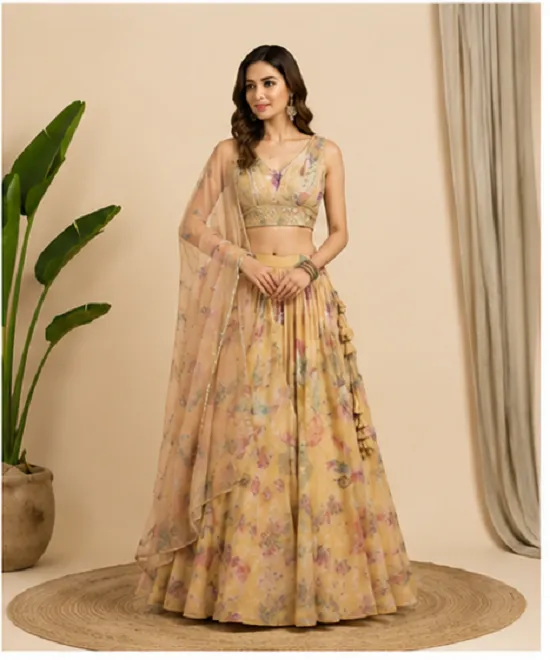 Yellow Floral Fusion Lehenga Set in Tebby Organza - Image 7