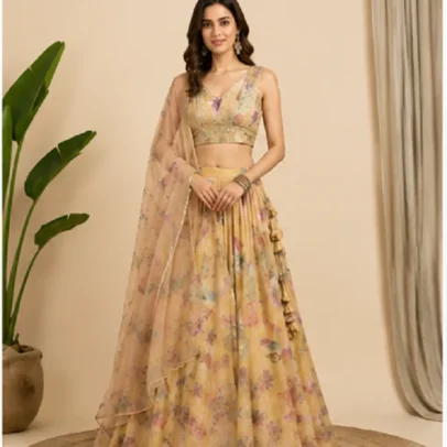 Beautiful woman wearing a pastel floral printed organza lehenga set with matching dupatta, perfect for weddings, festive celebrations, engagement, and party wear.