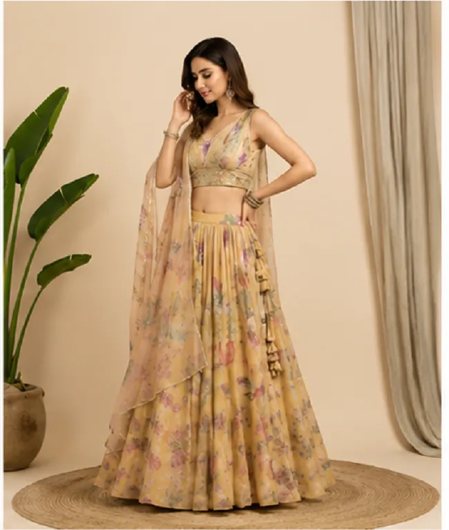 Yellow Floral Fusion Lehenga Set in Tebby Organza - Image 2