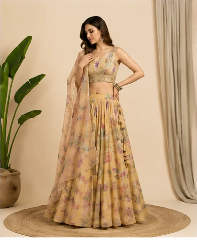 Yellow Floral Fusion Lehenga Set in Tebby Organza - Image 4