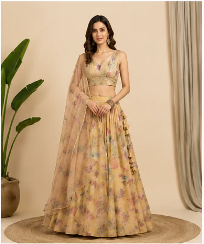 Beautiful woman wearing a pastel floral printed organza lehenga set with matching dupatta, perfect for weddings, festive celebrations, engagement, and party wear.