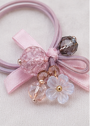 Pink pearl bow elastic hair rubber bands for girls with decorative beads and ribbon design