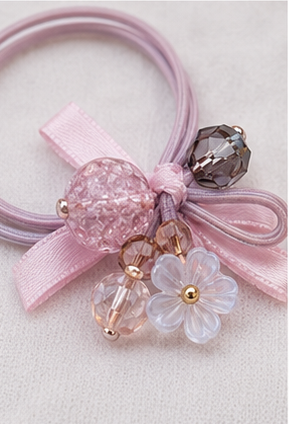 Pink pearl bow elastic hair rubber bands for girls with decorative beads and ribbon design