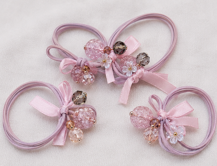 Pink pearl bow elastic hair rubber bands for girls with decorative beads and ribbon design