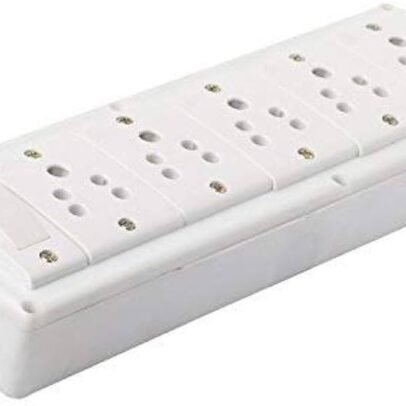 White extension board with long electric wire and multiple power sockets for home and office use