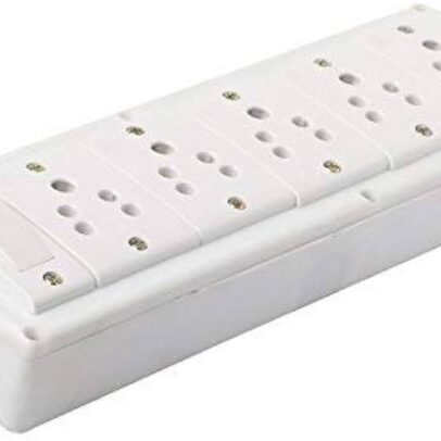 White extension board with long electric wire and multiple power sockets for home and office use