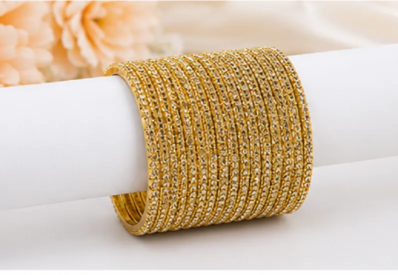 24 Pcs Gold Glitter Bangles Set for Women | Designer Traditional Chudi - Image 6