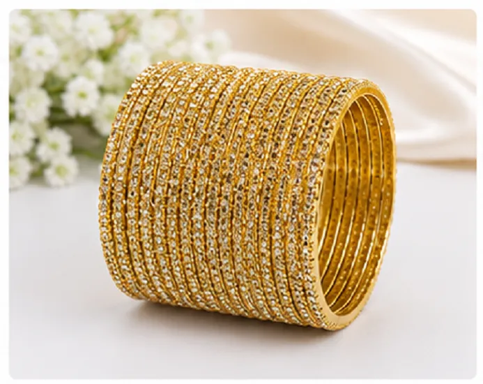 24 Pcs Gold Glitter Bangles Set for Women | Designer Traditional Chudi - Image 7