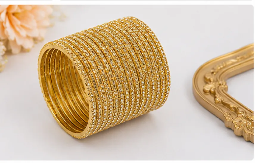 24 Pcs Gold Glitter Bangles Set for Women Designer Traditional Chudi